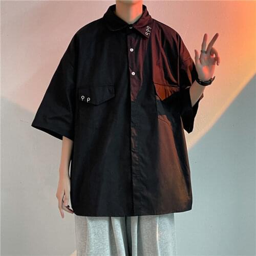 2021 Mens Short Sleeve Hawaiian Cargo Shirt Hip-hop Fashion Black Color Shirt Camisa Masculina Streetwear French Cuff Shirts