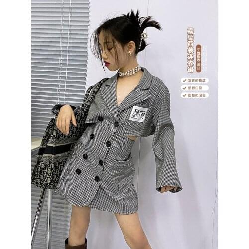 Girls watch out for off-the-top suit dress 2021 spring dress new Hong Kong wind in the big children casual retro skirt tide