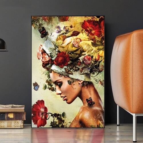 Retro Profile Woman Flower Art Posters and Prints Picture Wall Decor Painting for Living Room Home Decoration Poster