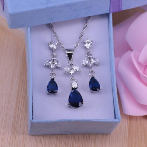 Risenj many colors water drop Top cubic zirconia & crystal silver color jewelry earrings necklace set for women