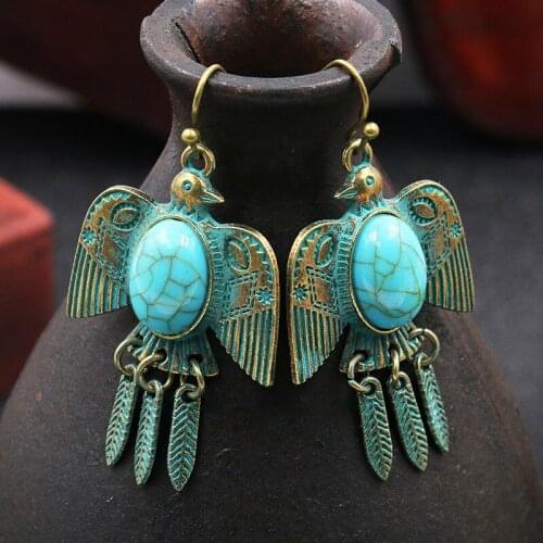 Boho Ethnic Turquoises Dangle Earrings Brincos Metal Green Antique Bronze Pigeon Shape Earring For Women Earings