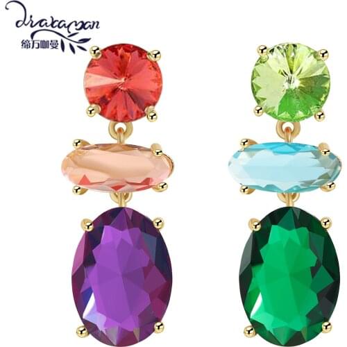 Dvacaman New Luxury Colorful Rhinestone Oval Drop Earrings Women High Quality Multicolor Crystal Dangle Earrings Wedding Jewelry