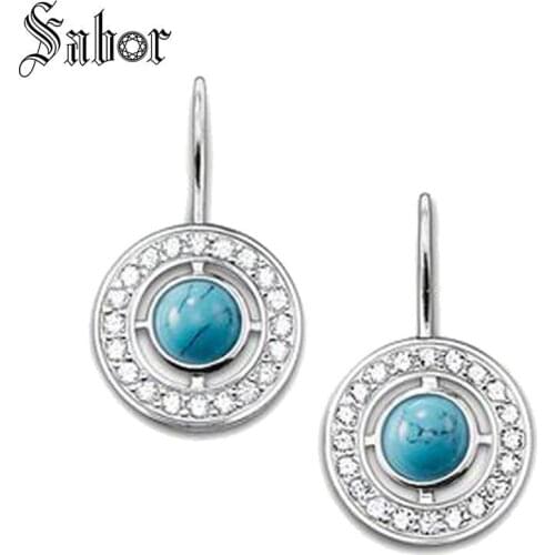 Drop Earrings Round Blue Stone Ethnic Gift For Women Earring silver color Crystal Fashion Jewelry thomas