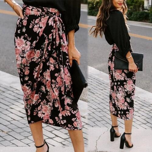 Floral Midi Skirt 2021 Summer Women Sexy Print Asymmetry Split Mid Length Skirts Casual Knit Irregular Lace Up Street Style Jupe