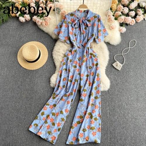 Women Retro Print Jumpsuits Korean Sexy Bow Collar Short Sleeve Lace Rompers Summer Off Shoulder Boho Long Rompers