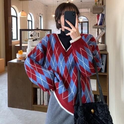 Vintage Plaid Loose Sweater For Women Ladies School Style V Neck Pullover Jumpers Autumn Winter Casual Chic Knitting Top