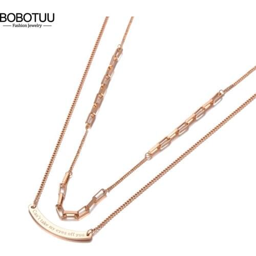 BOBOTUU Bohemia Design Double Layer Curved Pendant Necklaces For Women Stainless Steel CZ Crystal Chain Choker Necklace BN20150