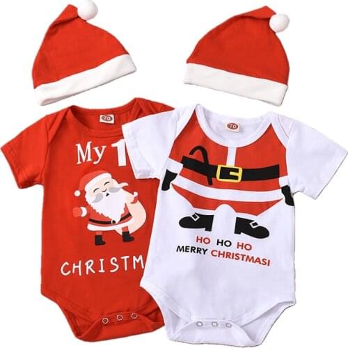 Toddler Boys Girls Rompers Kids Baby Christmas Costume Santa Claus Red Jumpsuits + Hats 2pcs Cotton Outfits DS29