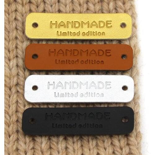 50Pcs 56x16mm Labels Handmade Tags Gold/Sliver/Black/Brown/White Leather Label For Clothing Hand Made Limited Edition Sew Tags