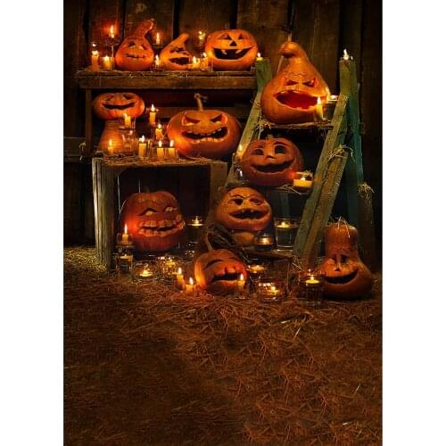 Photographic Background Halloween Pumpkins Candles Ladder Vinyl Cloth Backdrop for Children Baby Lovers Photoshoot Fond Photo
