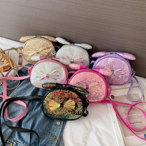 Cute Cartoon Sequins Children Shoulder Bag Kawaii Bowknot Hologram Leather Girls Small Crossbody Travel Bags Coin Purses Gift