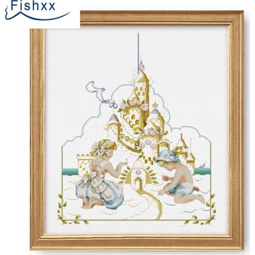 Fishxx Cross Stitch A1427 Seaside Beach Boys & Girls Stack Castle ChildrenS Room Paintings Manual Embroidery Kit