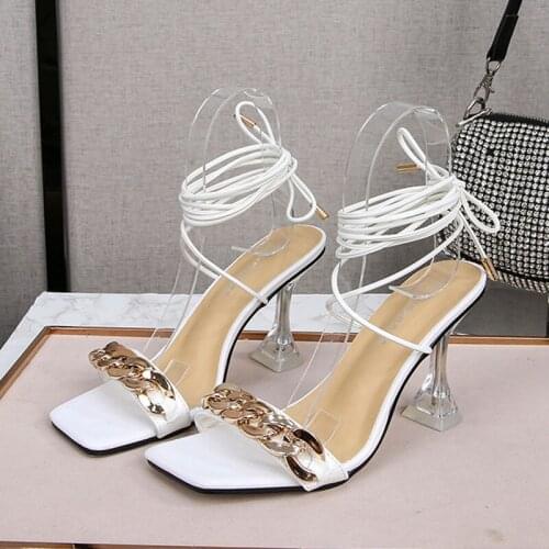 2021 New Fashion Design Chain Women Open Toed Sandals Summer Clear Strange Style Heels Woman Cross Tied Party Shoes Plus Size