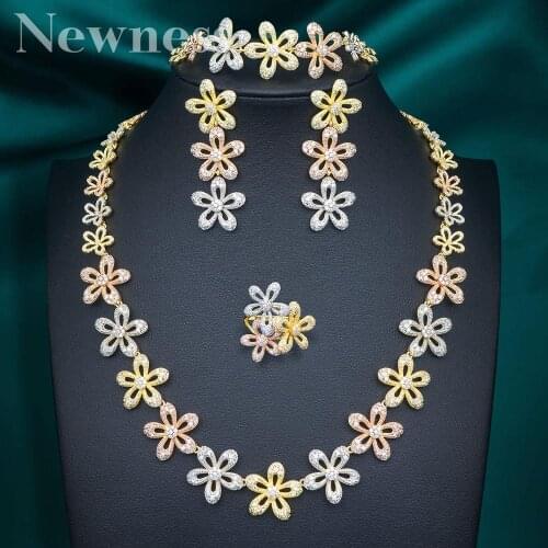 Newness Luxury flower Shape Design Necklace Bangle Earring Ring Party Gift Cubic Zirconia Copper Engagement