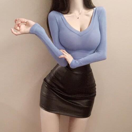 New Spring Top Sexy T Shirt Women Elasticity T-Shirt Korean Style Tee Woman Clothes Slim Tshirt Female Skinny Long Sleeve Tops