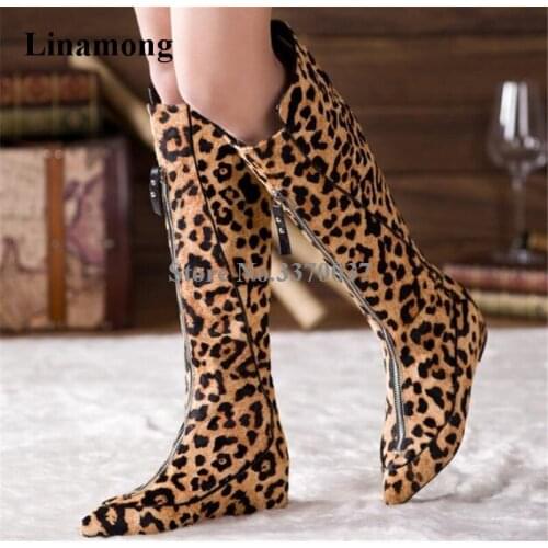 Women New Design Front Zipper-up Suede Leather Leopard Knee High Boots Pointed Toe Height Increasing 4cm Heels Long Boots