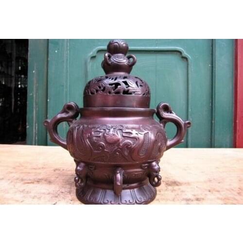 Song voge gem S1210 9"China Pure Bronze Two Dragon Play Bead Buddhism Fane incense burner Censer