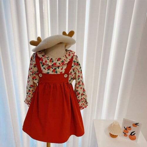 Girls Dress Children Clothing Set Flower Shirt+strap Dress Two-piece Suit Red Blue Baby Girl Clothes