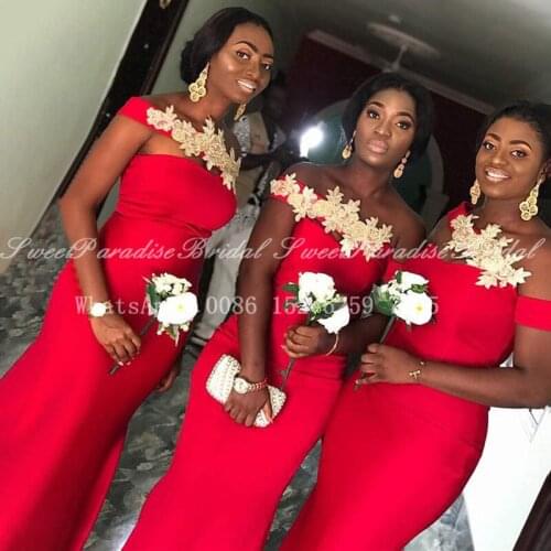 Amazing Gold Appliques Red Bridesmaid Dresses Mermaid 2021 Long Off Shoulder African Women Wedding Party Dress Formal