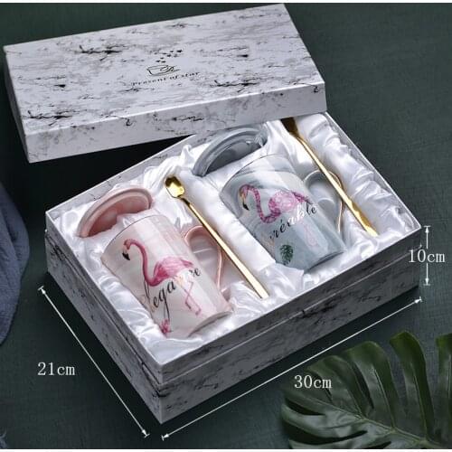 Simple Flamingo Ceramic Cup With Lid and Spoon Marbling Coffee Mug Tazas de Ceramica Creativas Cups and Mugs Drinkware Gift Set