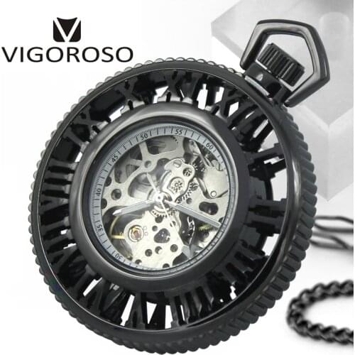VIGOROSO Brand Steampunk Skeleton Transparent Open Face Roman numerals Hand Wind Up Mechanical Pocket Watch FOB Chain Fashion
