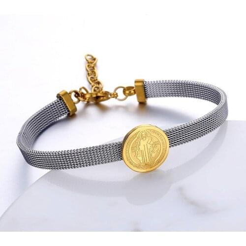 Religious Saint Benedict Bracelet Women Stainless Steel Medal San Benito Bangles Bracelets for Christian Jesus Jewelry Gifts