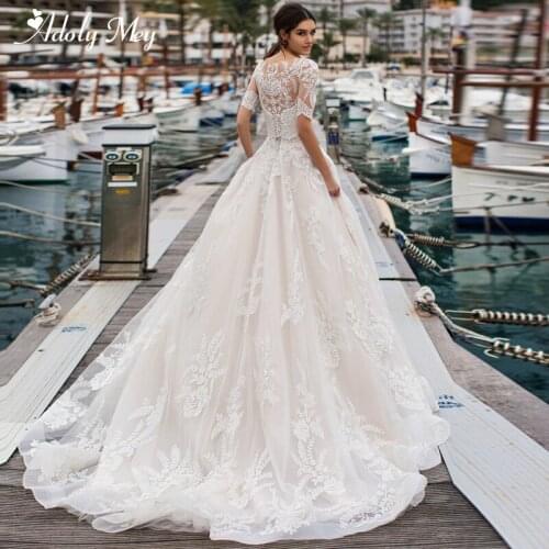 Adoly Mey Gorgeous Appliques Brush Train A-Line Wedding Dress 2020 Elegant Scoop Neck Half Sleeve Vintage Bridal Gown Plus Size