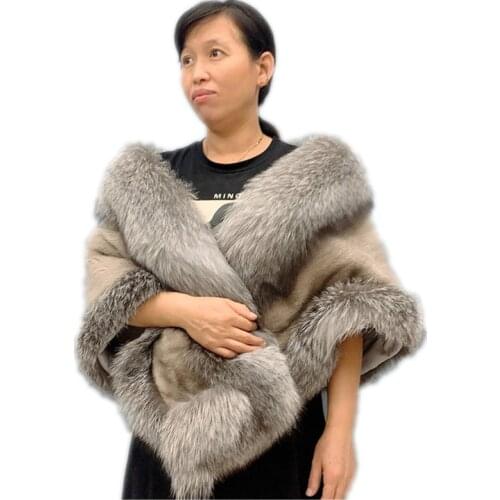 Geuine fox fur trimmed shawl autumn winter women fluffy Real mink fur cape white bridal wrap cover shrug shawl stole S89