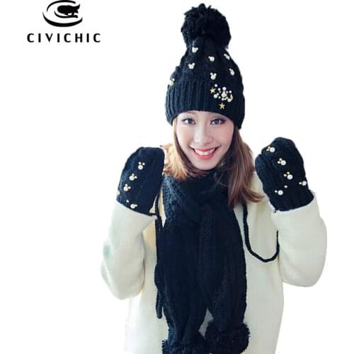 CIVICHIC Top Grade Warm Set Woman Knit Hat Scarf Gloves Beads Pompon Shawl Winter Headwear Velvet Beanies Thicken Mittens SH175