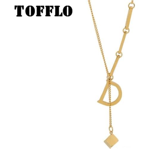 TOFFLO Stainless Steel Jewelry Simple D-Shaped Small Square Pendant Necklace Womens Clavicle Sweater Necklace BSP663