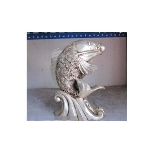 Decoration bronze factory outlets Tibet Silver 8"Chinese Folk classical Silver Luckly Money tattoo cyprinoid Fish statue