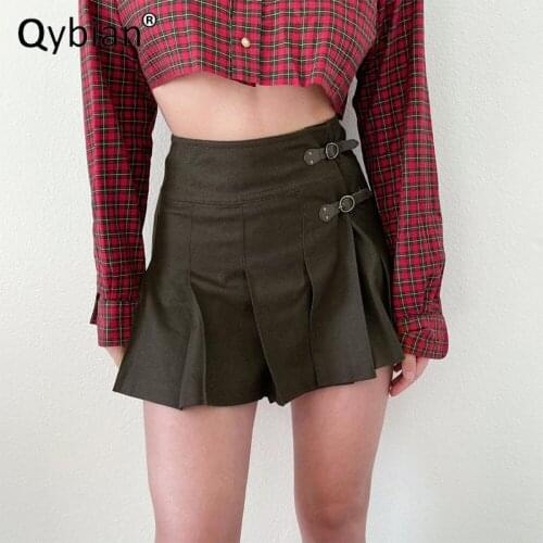 Hot 2021 Autumn Winter Brand Black Slant Belt Buckle Pleated Simple Short Skirt Women Woolen Cloth Gothic Sexy Skirt Short Skirt