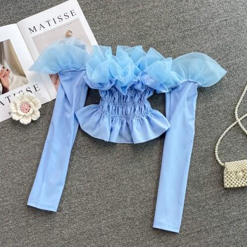 Sexy Ruffled Short Design Off-the-shoulder Women Blouse Elastic Waist Peplum Patchwork Mesh Chiffon Tube Top