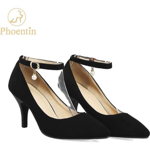 Phoentin black womens high heel shoes pointed toe buckle ladies pumps 2019 plus size 48 pearl shoes women ankle strap FT339