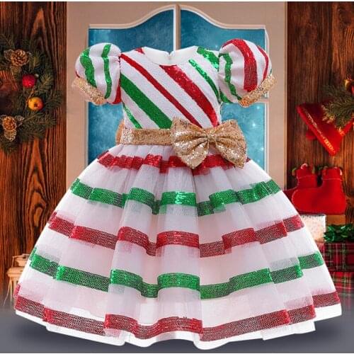 3 4 5 6 7 8 9 Years Christmas Girls Dress High Quality Sequin Stripes Big Bow Princess Dresses For Birthday Present Kids Clothes