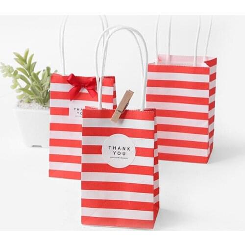 100 Set small gift bag with handles bow Ribbon stripe paper handbag Cookies candy Festival gift packaging bags Wedding party