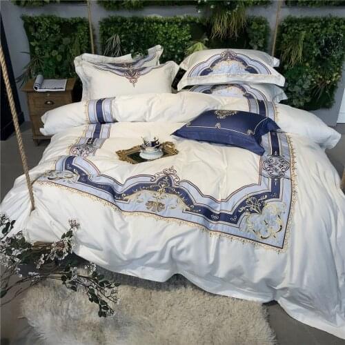 White Blue 100S Egyptian Cotton Luxury Embroidery Royal Bedding Set King Queen Wedding Bed Sheet Cover set Duvet Cover 4pcs