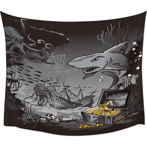 Shark Octopus Black Pirate Ship Treasure Chest Wall Tapestry Home Wall Decor Tapestry Wall Hanging Yoga Mat Picnic Mat