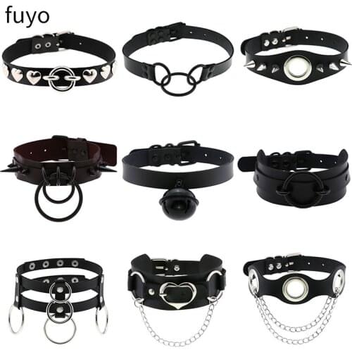 Bells Black Spike Choker Necklace Lock Rivet Stud Punk Rock Faux Leather Goth Collar Women Chocker Girls Chains Gothic Jewelry