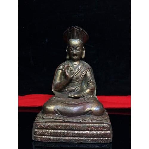 Home Decor 8" Tibet Buddhism Old Bronze Cinnabar Lacquer Guru Buddha Statue King Kong Guru Buddhist teacher Enshrine the Buddha