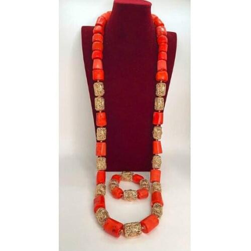 Dubai Gold African Wedding 50 inches Long Men Real Coral Beads Necklace Bracelet Jewelry Set Coral Jewelry Set Groom ABH710
