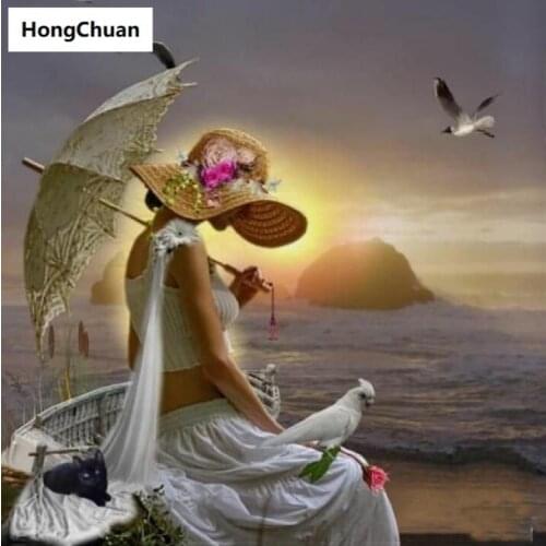 Retro style figure 5D DIY square/round diamond painting mosaic cross stitch home decoration mural Christmas gift in the sunset