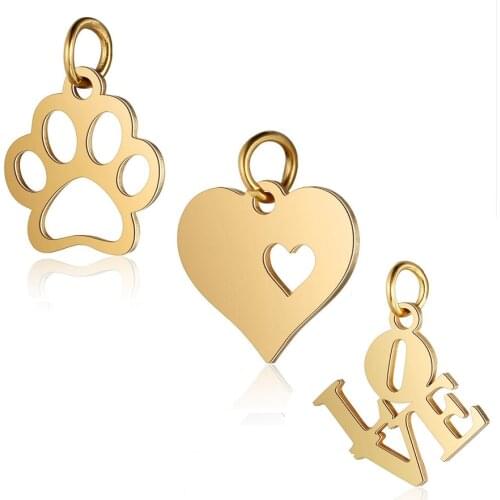 Fnixtar Gold Color Hollow Dog Paw Love Heart Letter Love Charms Pendants Handmade DIY Jewelry Making 10Piece/Lot