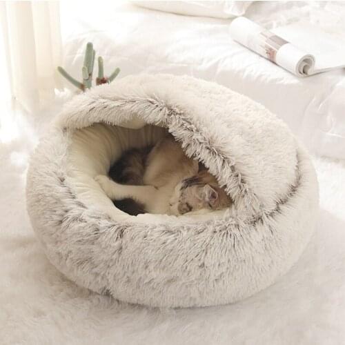 Round Long Plush Cat Bed Semi-enclosed Cozy Cat Nest Warm Sleeping Bag 2 In 1 Pet Bed for Small Dogs Kitten