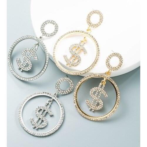 Trendy Personality Full Luxury Rhinestone Dollar Icon Shape Hanging Shiny Dangle Exaggerated Womens Drop Earrings Fancy Jewelry