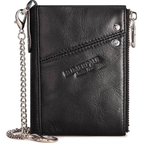 Mens RFID Blocking PU Leather Bifold Wallet Business Short Purse with Anti Theft Chain