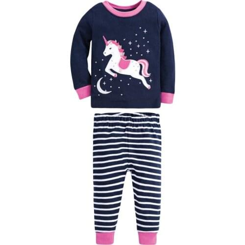 New Spring Autumn Kids O-neck Brand Blue Pegasus Applique Cartoon Cotton Knitted Girls Pant Casual Full-sleeved Sets Pajama