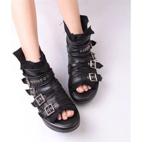 Punk Style Women Peep Toe Summer Boots Genuine Leather Platform Sandals Female Gladiator Sandal Ankle Booties Creepers
