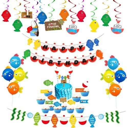 Fishing Cake Placard Fishing Theme Party Letter Zip Flag go fishing 12 month Photo Folder Balloon Set Party Favor