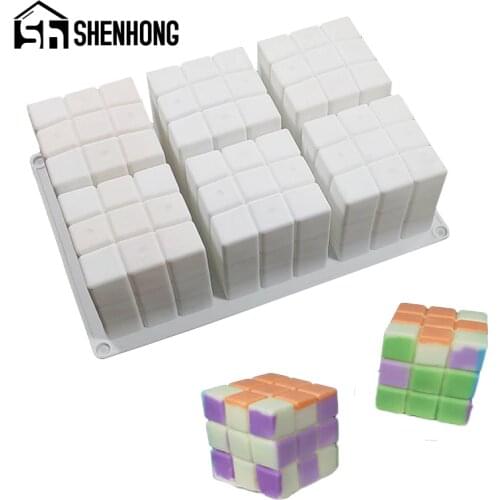 SHENHONG 6 Cavity Magic Cube Silicone Cake Molds Candle and Soap Mold Rubiks Mousse Pan Pastry Baking Tools Dessert Bakeware